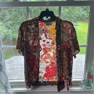 Beautiful red and orange sheer floral design button down!
